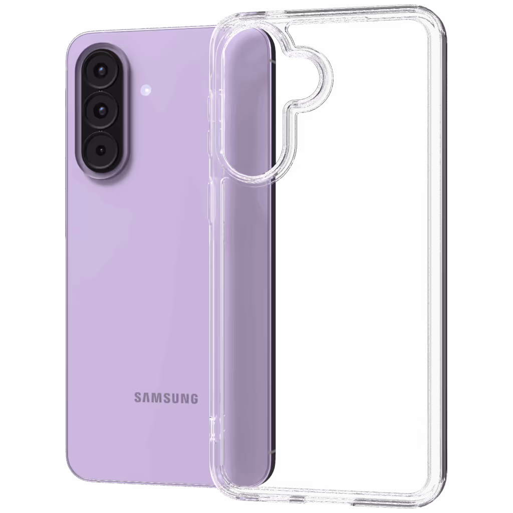 The Āsenaru Lite Hybrid Case, a slim 1.3mm Galaxy A57/A37 case with transparent TPU bumpers and a rigid polycarbonate back, showcasing full protection.