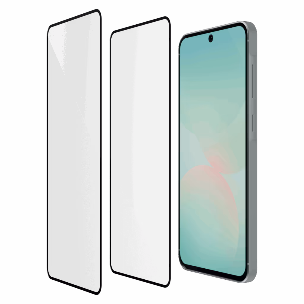 Āsenaru CrystalShield Tempered Glass, a 0.4mm full-coverage screen protector for Galaxy A Series, featuring 9H hardness and a steel mesh overlay for enhanced dust and scratch protection and installation kit for easy application.