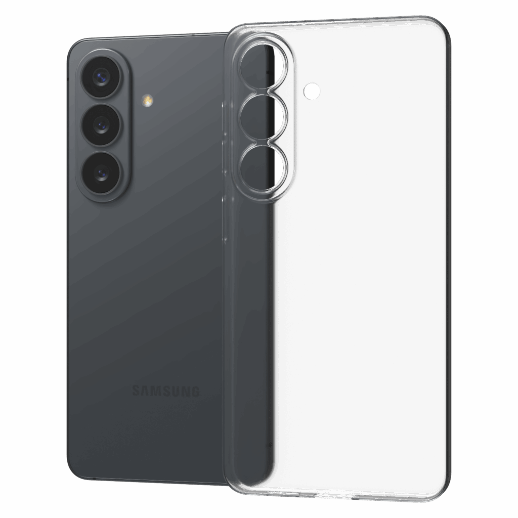 Ultra-thin 0.35mm minimalist phone case with matte and transparent finish options, precision cutouts, and raised camera protection for Samsung Galaxy S26.