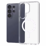 The Āsenaru Lite Hybrid Magsafe Case, a slim 1.3mm Galaxy S26 case with transparent TPU bumpers and a rigid polycarbonate back, showcasing full protection and MagSafe compatibility.