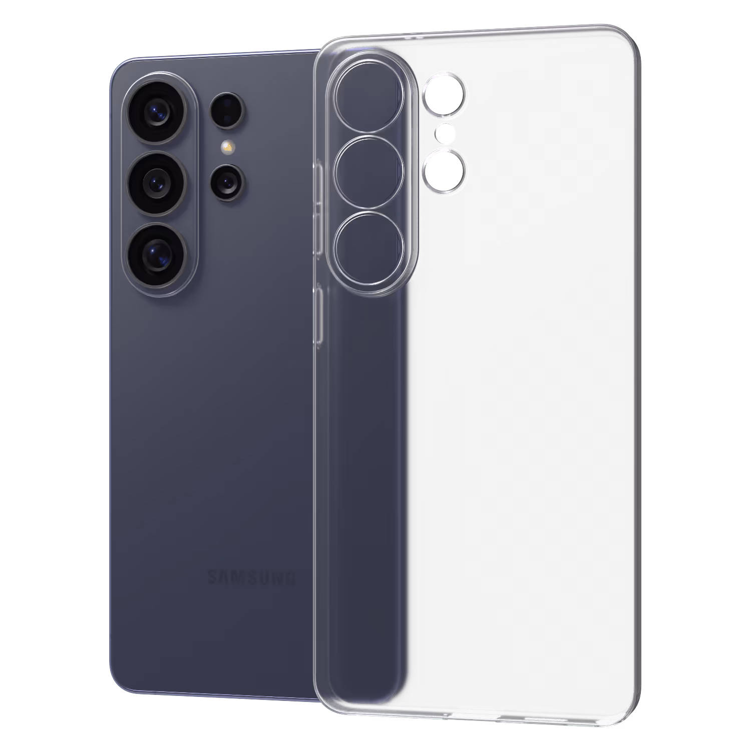 Ultra-thin 0.35mm minimalist phone case with matte and transparent finish options, precision cutouts, and raised camera protection for Samsung Galaxy S26.