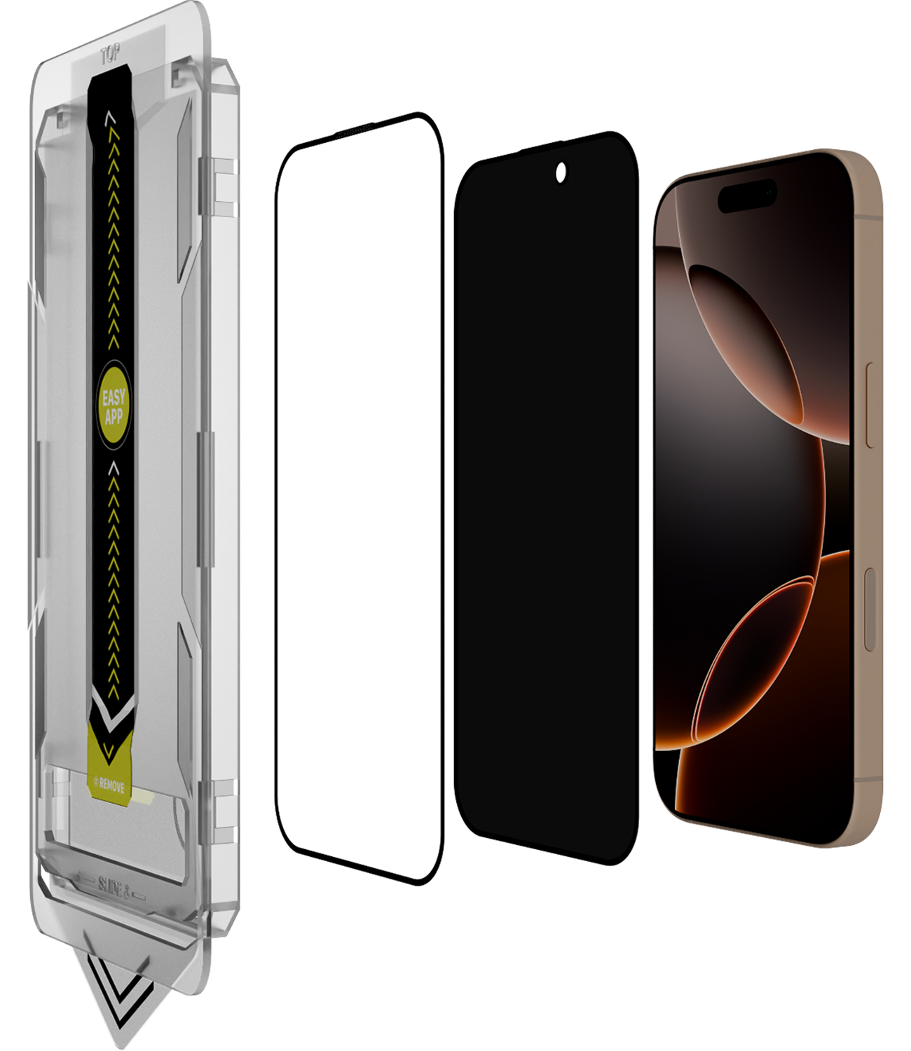 Āsenaru DustShield Tempered Glass, a 0.4mm full-coverage screen protector for iPhone, featuring 9H hardness and a steel mesh overlay for enhanced dust and scratch protection and installation kit for easy application.
