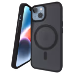 The Āsenaru Matte Hybrid MagSafe Case, featuring matte black TPU bumpers and a translucent gray back, designed for durability and full device protection, compatible with MagSafe accessories.