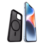 The Āsenaru Matte Hybrid MagSafe Case, featuring matte black TPU bumpers and a translucent gray back, designed for durability and full device protection, compatible with MagSafe accessories.