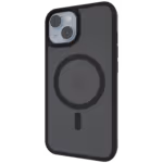 The Āsenaru Matte Hybrid MagSafe Case, featuring matte black TPU bumpers and a translucent gray back, designed for durability and full device protection, compatible with MagSafe accessories.