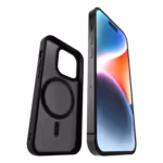 Casing Āsenaru Matte Hybrid MagSafe, dilengkapi dengan bantalan TPU hitam matte dan bagian belakang transparan abu-abu, dirancang untuk ketahanan dan perlindungan penuh perangkat, kompatibel dengan aksesori MagSafe.