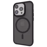 Casing Āsenaru Matte Hybrid MagSafe, dilengkapi dengan bantalan TPU hitam matte dan bagian belakang transparan abu-abu, dirancang untuk ketahanan dan perlindungan penuh perangkat, kompatibel dengan aksesori MagSafe.