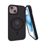 The Āsenaru Matte Hybrid MagSafe Case, featuring matte black TPU bumpers and a translucent gray back, designed for durability and full device protection, compatible with MagSafe accessories.