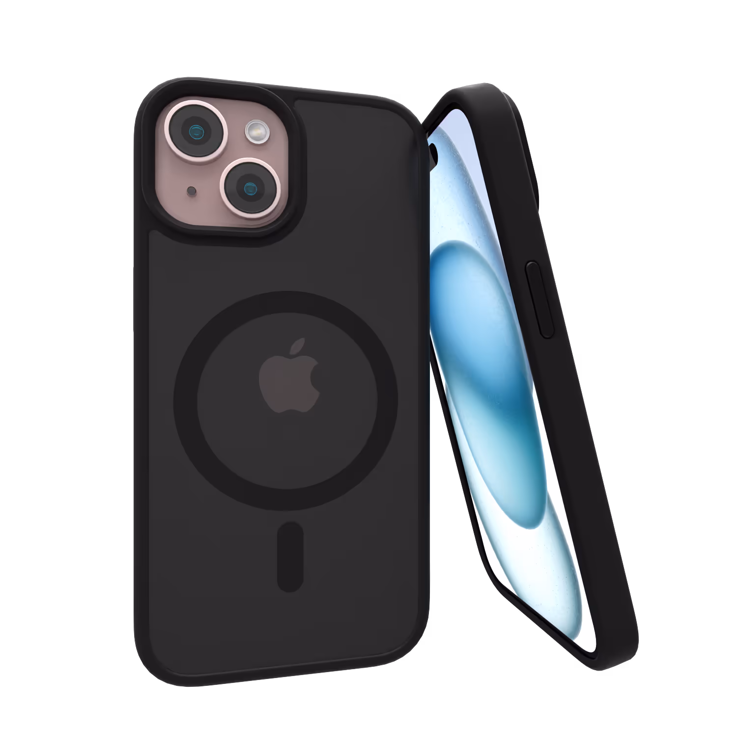 The Āsenaru Matte Hybrid MagSafe Case, featuring matte black TPU bumpers and a translucent gray back, designed for durability and full device protection, compatible with MagSafe accessories.