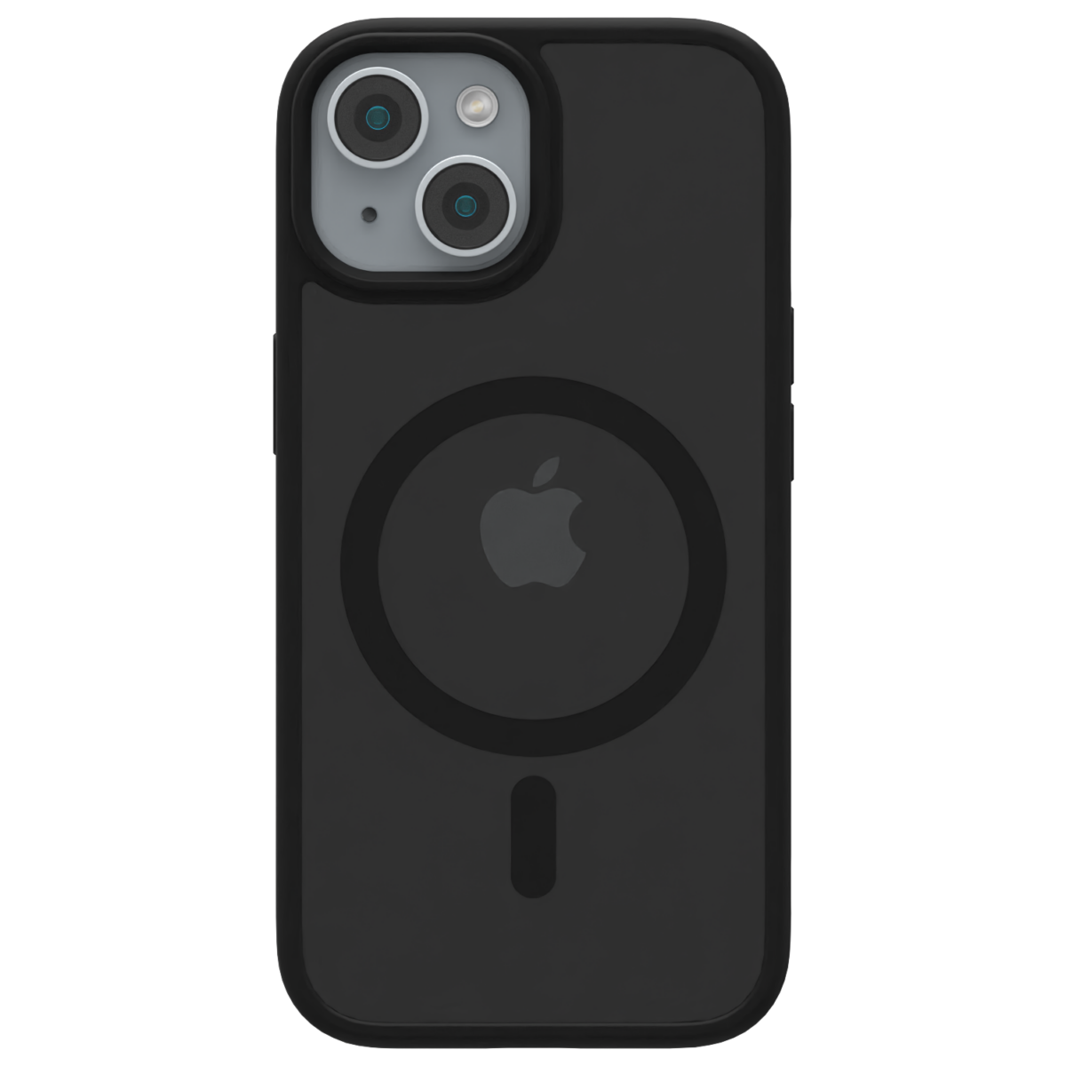 Casing MagSafe Hybrid Matte Āsenaru, dilengkapi bumper TPU hitam matte dan bagian belakang abu-abu tembus pandang, dirancang untuk daya tahan dan perlindungan perangkat sepenuhnya, kompatibel dengan aksesori MagSafe.
