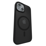 The Āsenaru Matte Hybrid MagSafe Case, featuring matte black TPU bumpers and a translucent gray back, designed for durability and full device protection, compatible with MagSafe accessories.