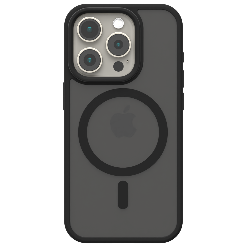 Photo of the Āsenaru Matte Hybrid MagSafe Case, featuring matte black TPU bumpers and a translucent gray back, designed for durability and full device protection, compatible with MagSafe accessories.