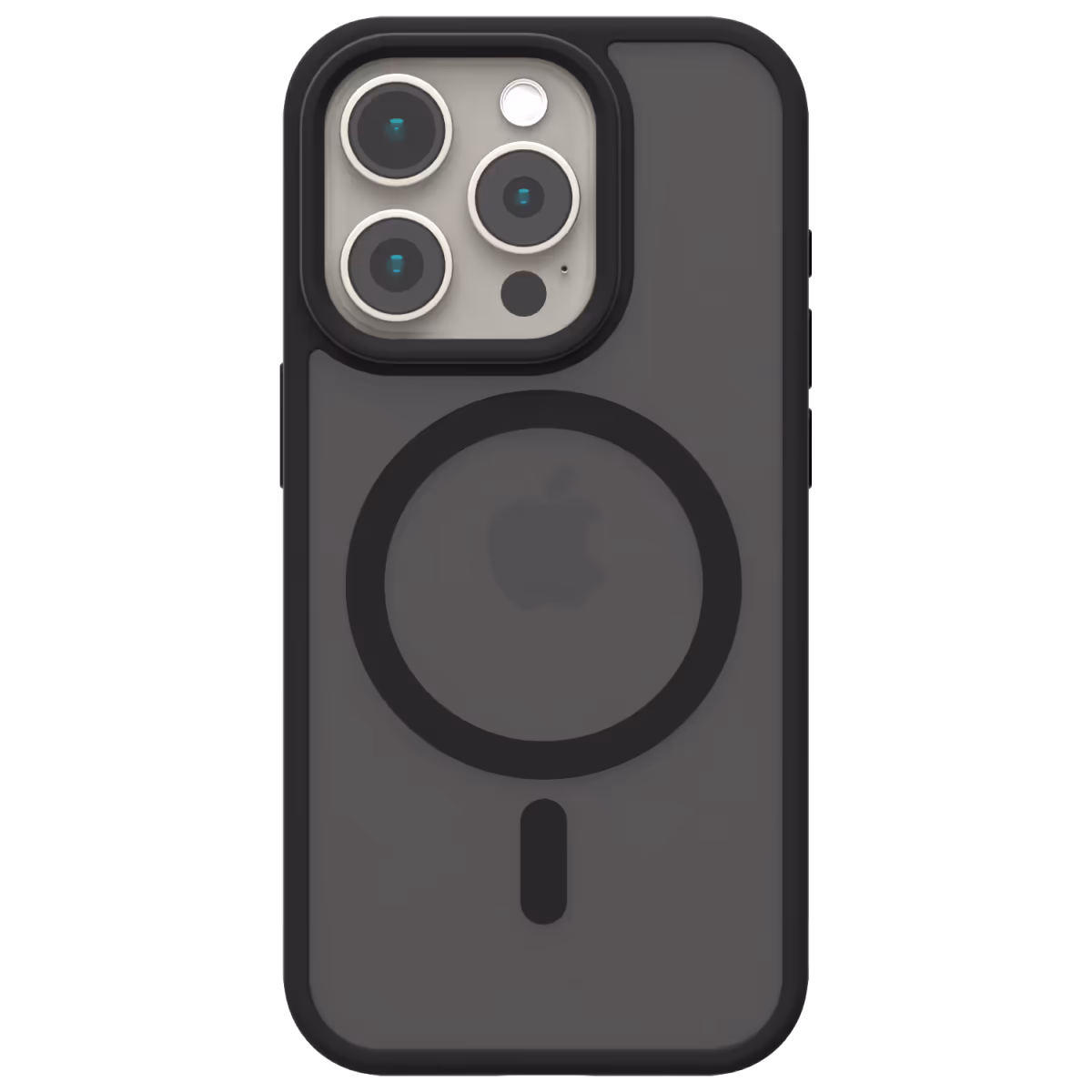 Photo of the Āsenaru Matte Hybrid MagSafe Case, featuring matte black TPU bumpers and a translucent gray back, designed for durability and full device protection, compatible with MagSafe accessories.