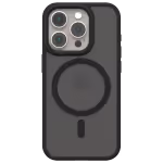 Foto casing Āsenaru Matte Hybrid MagSafe, menampilkan bumper TPU hitam matte dan bagian belakang abu-abu transparan, dirancang untuk daya tahan dan perlindungan perangkat secara menyeluruh, kompatibel dengan aksesori MagSafe.