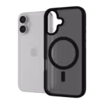 Casing Āsenaru Matte Hybrid MagSafe, dilengkapi dengan bantalan TPU hitam matte dan bagian belakang transparan abu-abu, dirancang untuk ketahanan dan perlindungan penuh perangkat, kompatibel dengan aksesori MagSafe.