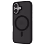 Casing Āsenaru Matte Hybrid MagSafe, dilengkapi dengan bantalan TPU hitam matte dan bagian belakang transparan abu-abu, dirancang untuk ketahanan dan perlindungan penuh perangkat, kompatibel dengan aksesori MagSafe.