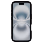 Casing Āsenaru Matte Hybrid MagSafe, dilengkapi dengan bantalan TPU hitam matte dan bagian belakang transparan abu-abu, dirancang untuk ketahanan dan perlindungan penuh perangkat, kompatibel dengan aksesori MagSafe.