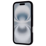 Casing Āsenaru Matte Hybrid MagSafe, dilengkapi dengan bantalan TPU hitam matte dan bagian belakang transparan abu-abu, dirancang untuk ketahanan dan perlindungan penuh perangkat, kompatibel dengan aksesori MagSafe.