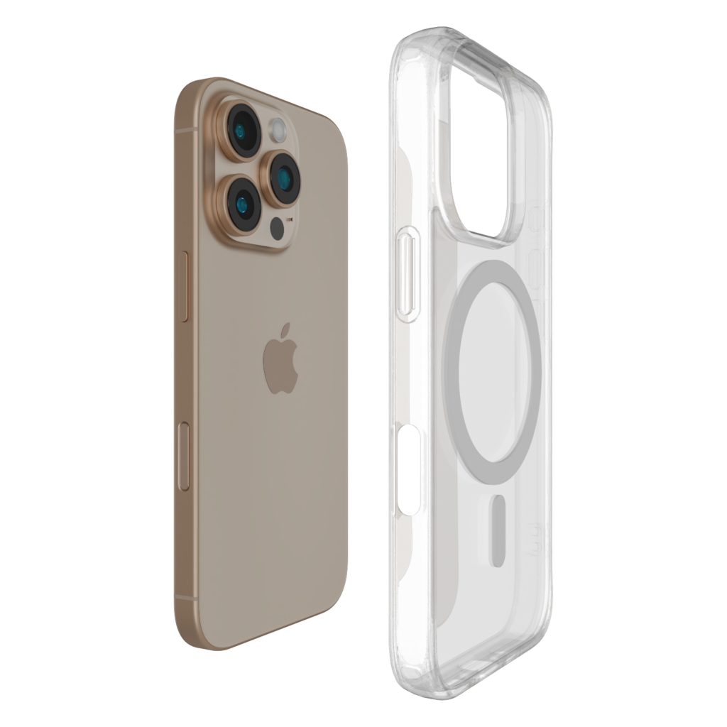 The Āsenaru Lite Hybrid Magsafe Case, a slim 1.3mm iPhone case with transparent TPU bumpers and a rigid polycarbonate back, showcasing full protection and MagSafe compatibility.