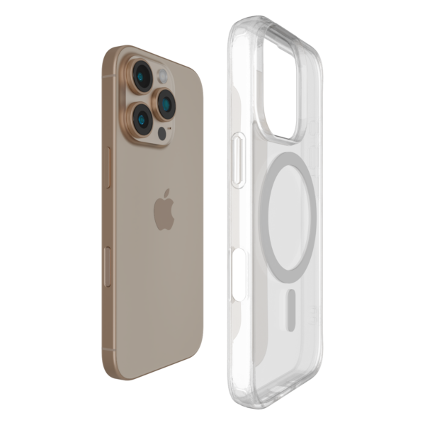Āsenaru Lite Hybrid Magsafe Case, casing iPhone ramping setebal 1,3 mm dengan bumper TPU transparan dan bagian belakang polikarbonat yang kokoh, menghadirkan perlindungan penuh dan kompatibilitas MagSafe.