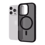 The Āsenaru Matte Hybrid MagSafe Case, featuring matte black TPU bumpers and a translucent gray back, designed for durability and full device protection, compatible with MagSafe accessories.