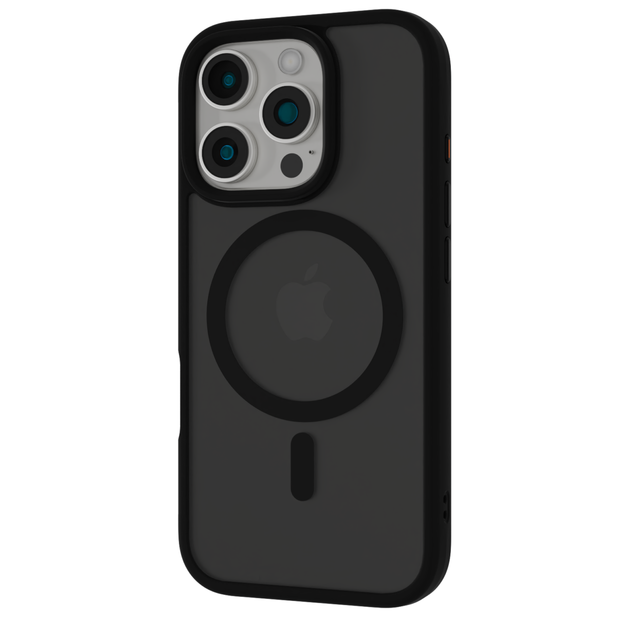 The Āsenaru Matte Hybrid MagSafe Case, featuring matte black TPU bumpers and a translucent gray back, designed for durability and full device protection, compatible with MagSafe accessories.