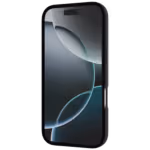 The Āsenaru Matte Hybrid MagSafe Case, featuring matte black TPU bumpers and a translucent gray back, designed for durability and full device protection, compatible with MagSafe accessories.