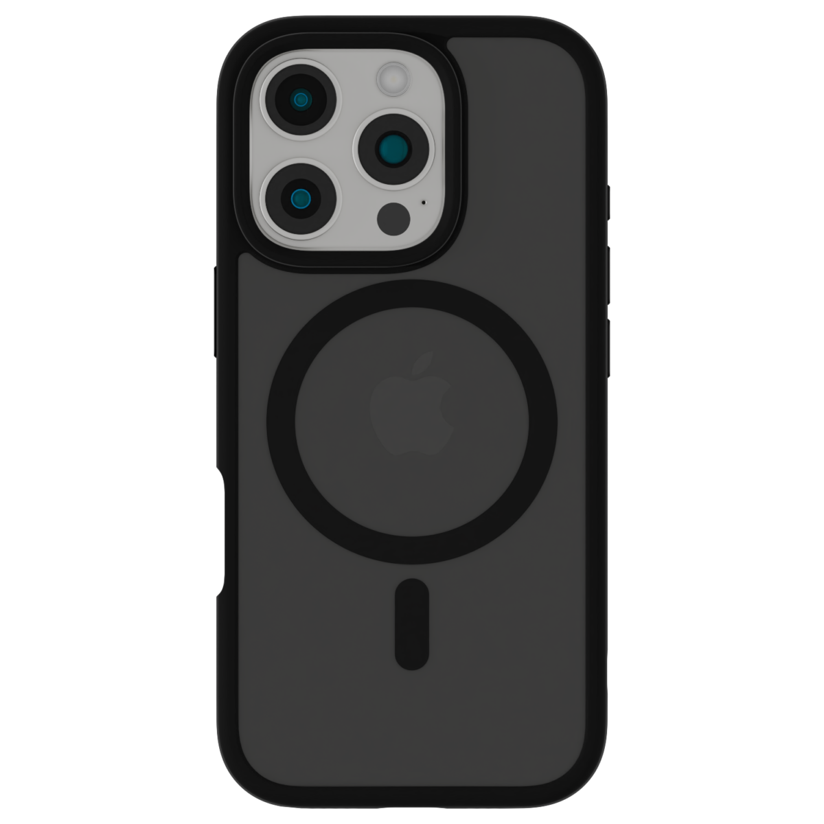 The Āsenaru Matte Hybrid MagSafe Case, featuring matte black TPU bumpers and a translucent gray back, designed for durability and full device protection, compatible with MagSafe accessories.