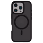 The Āsenaru Matte Hybrid MagSafe Case, featuring matte black TPU bumpers and a translucent gray back, designed for durability and full device protection, compatible with MagSafe accessories.