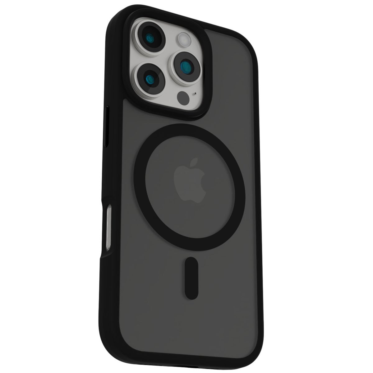 The Āsenaru Matte Hybrid MagSafe Case, featuring matte black TPU bumpers and a translucent gray back, designed for durability and full device protection, compatible with MagSafe accessories.