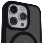 The Āsenaru Matte Hybrid MagSafe Case, featuring matte black TPU bumpers and a translucent gray back, designed for durability and full device protection, compatible with MagSafe accessories.