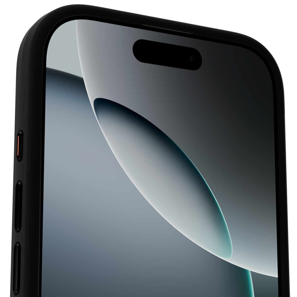 The Āsenaru Matte Hybrid MagSafe Case, featuring matte black TPU bumpers and a translucent gray back, designed for durability and full device protection, compatible with MagSafe accessories.