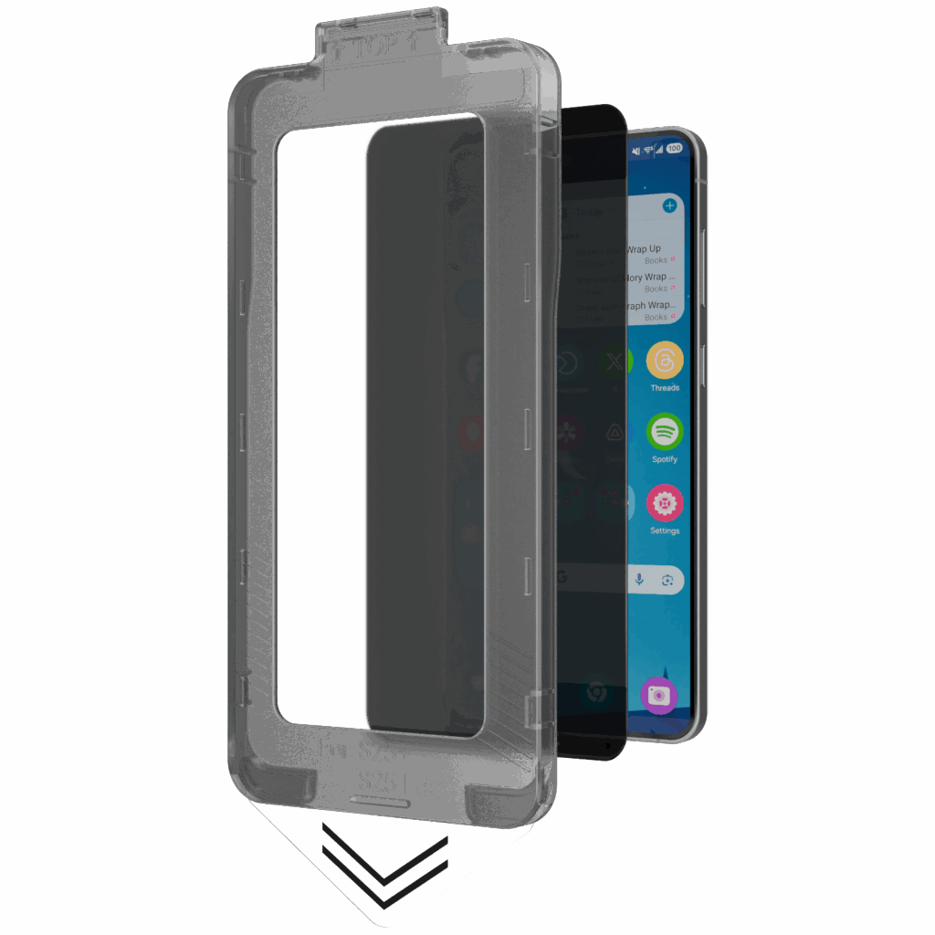 Āsenaru DustShield Tempered Glass, a 0.4mm full-coverage screen protector for Galaxy S25, featuring 9H hardness and a steel mesh overlay for enhanced dust and scratch protection and installation kit for easy application.