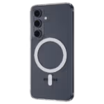 The Āsenaru Lite Hybrid Magsafe Case, a slim 1.3mm Galaxu S25 case with transparent TPU bumpers and a rigid polycarbonate back, showcasing full protection and MagSafe compatibility.