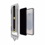 Āsenaru DustShield Tempered Glass, a 0.4mm full-coverage screen protector for Galaxy S25, featuring 9H hardness and a steel mesh overlay for enhanced dust and scratch protection and installation kit for easy application.