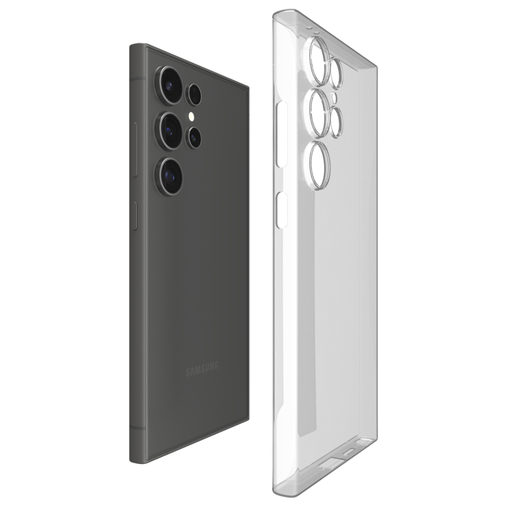 Close-up of the Āsenaru Signature Super Slim Case for Samsung galaxy s24 series, an ultra-thin 0.35mm case available in multiple colors, designed to provide sleek, minimalist protection with raised edges around the screen and camera.