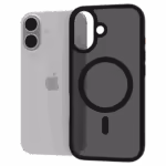 The Āsenaru Matte Hybrid MagSafe Case, featuring matte black TPU bumpers and a translucent gray back, designed for durability and full device protection, compatible with MagSafe accessories.