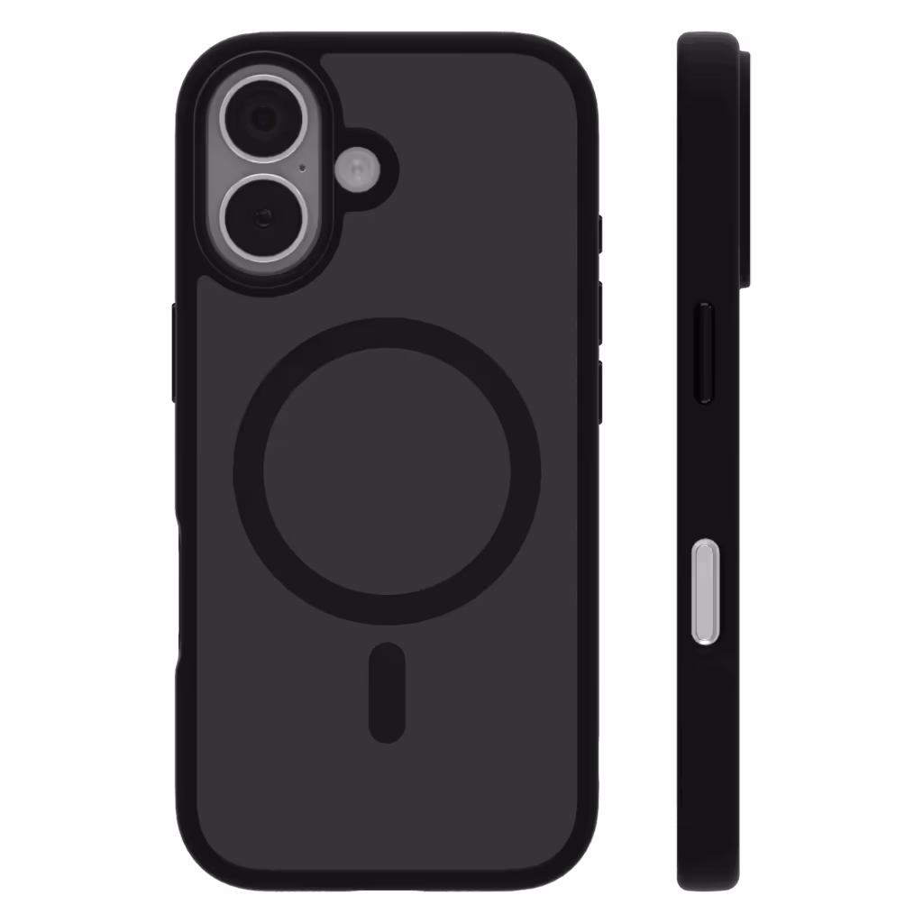 The Āsenaru Matte Hybrid MagSafe Case, featuring matte black TPU bumpers and a translucent gray back, designed for durability and full device protection, compatible with MagSafe accessories.