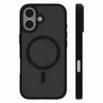 The Āsenaru Matte Hybrid MagSafe Case, featuring matte black TPU bumpers and a translucent gray back, designed for durability and full device protection, compatible with MagSafe accessories.