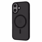The Āsenaru Matte Hybrid MagSafe Case, featuring matte black TPU bumpers and a translucent gray back, designed for durability and full device protection, compatible with MagSafe accessories.