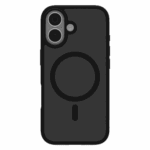 The Āsenaru Matte Hybrid MagSafe Case, featuring matte black TPU bumpers and a translucent gray back, designed for durability and full device protection, compatible with MagSafe accessories.