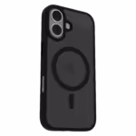 The Āsenaru Matte Hybrid MagSafe Case, featuring matte black TPU bumpers and a translucent gray back, designed for durability and full device protection, compatible with MagSafe accessories.