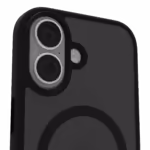 The Āsenaru Matte Hybrid MagSafe Case, featuring matte black TPU bumpers and a translucent gray back, designed for durability and full device protection, compatible with MagSafe accessories.