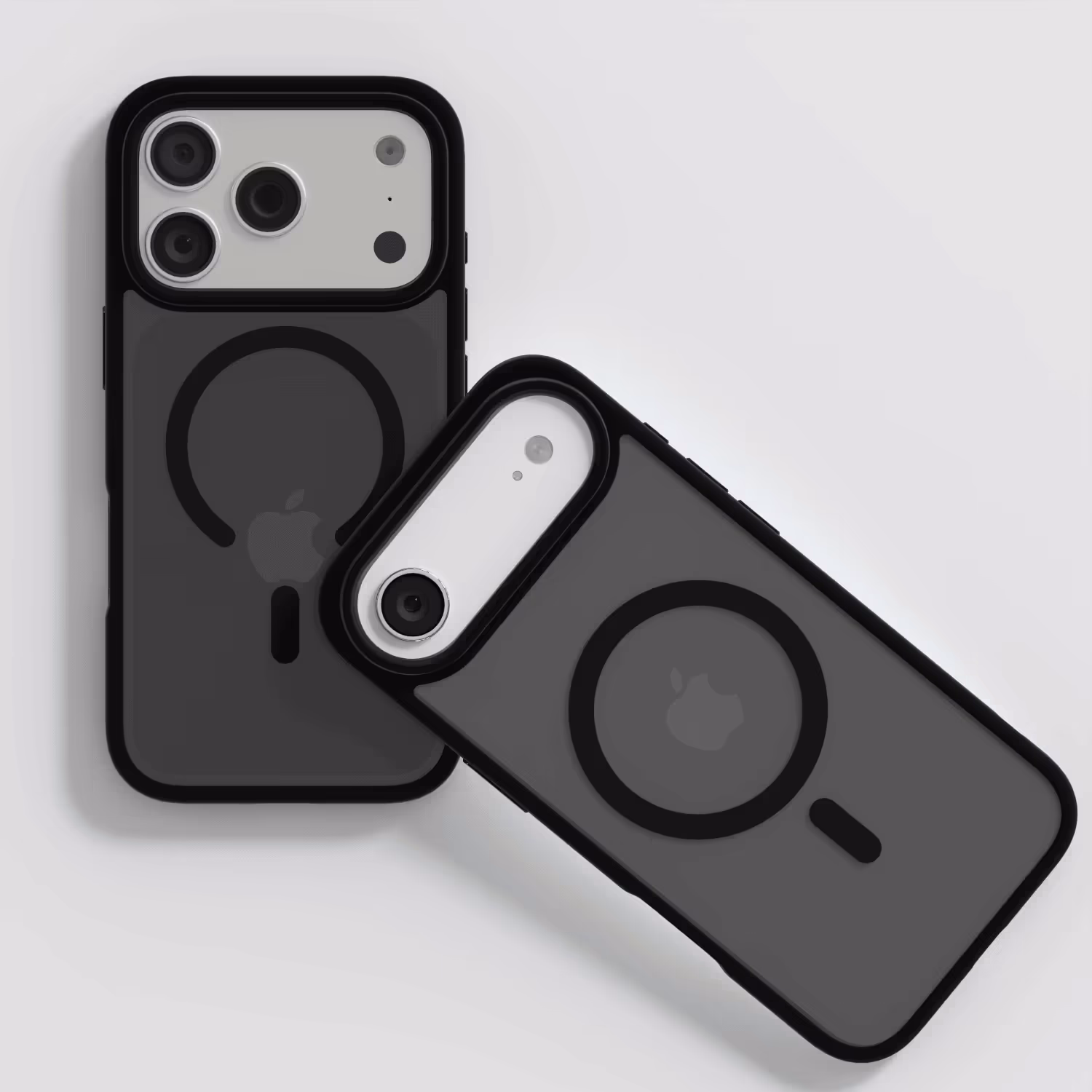 The Āsenaru Matte Hybrid MagSafe Case, featuring matte black TPU bumpers and a translucent gray back, designed for durability and full device protection, compatible with MagSafe accessories.