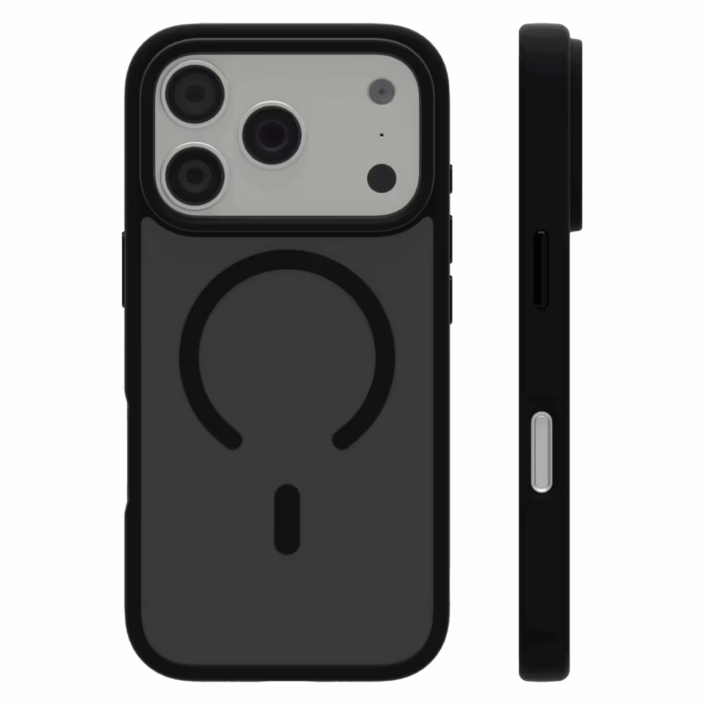 Casing Āsenaru Matte Hybrid MagSafe, dilengkapi dengan bantalan TPU hitam matte dan bagian belakang transparan abu-abu, dirancang untuk ketahanan dan perlindungan penuh perangkat, kompatibel dengan aksesori MagSafe.