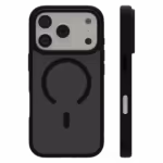 Casing Āsenaru Matte Hybrid MagSafe, dilengkapi dengan bantalan TPU hitam matte dan bagian belakang transparan abu-abu, dirancang untuk ketahanan dan perlindungan penuh perangkat, kompatibel dengan aksesori MagSafe.