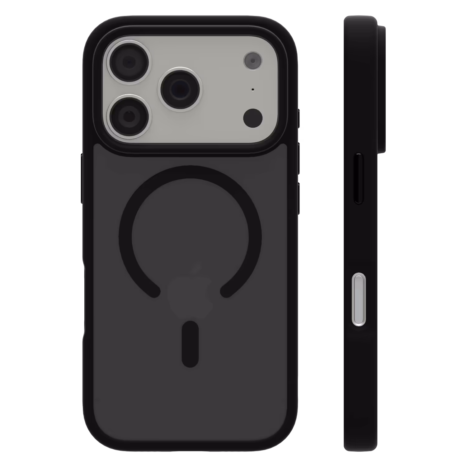 The Āsenaru Matte Hybrid MagSafe Case, featuring matte black TPU bumpers and a translucent gray back, designed for durability and full device protection, compatible with MagSafe accessories.
