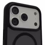 Casing Āsenaru Matte Hybrid MagSafe, dilengkapi dengan bantalan TPU hitam matte dan bagian belakang transparan abu-abu, dirancang untuk ketahanan dan perlindungan penuh perangkat, kompatibel dengan aksesori MagSafe.