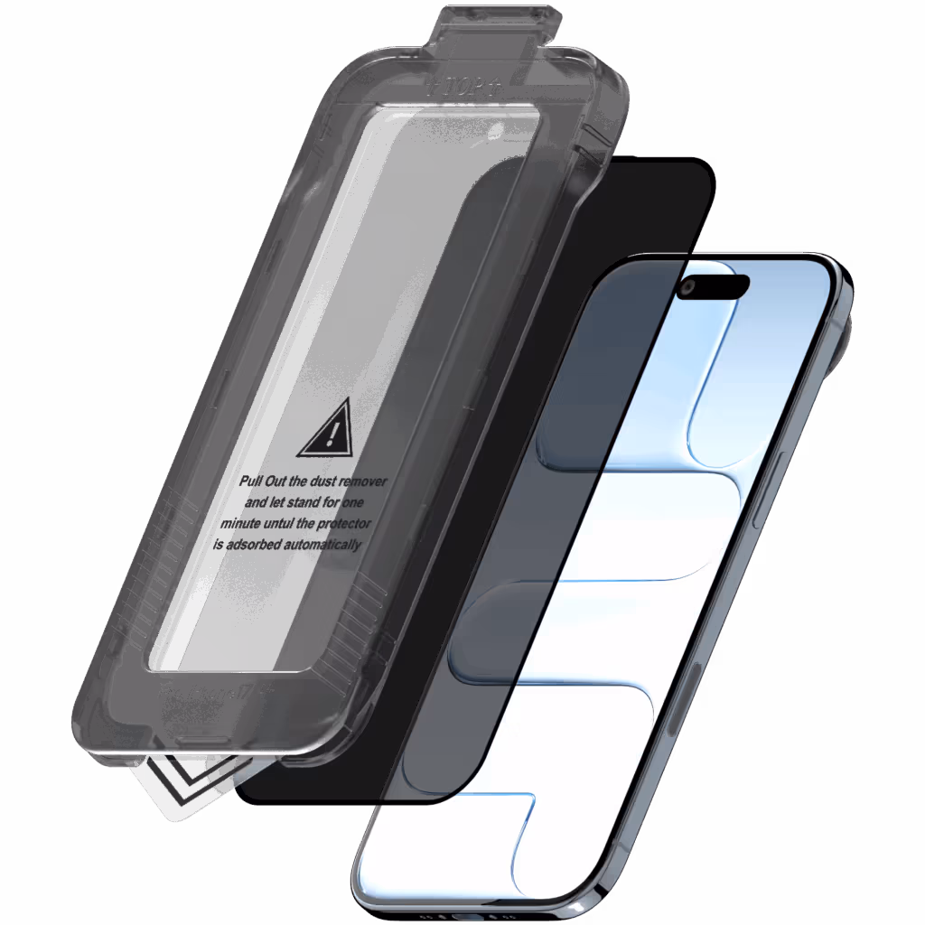 Āsenaru CrystalShield Tempered Glass, a 0.4mm full-coverage screen protector for iPhone, featuring 9H hardness and a steel mesh overlay for enhanced dust and scratch protection and installation kit for easy application.