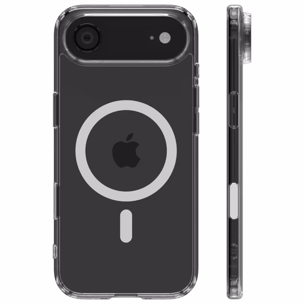 The Āsenaru Lite Hybrid Magsafe Case, a slim 1.3mm iPhone case with transparent TPU bumpers and a rigid polycarbonate back, showcasing full protection and MagSafe compatibility.